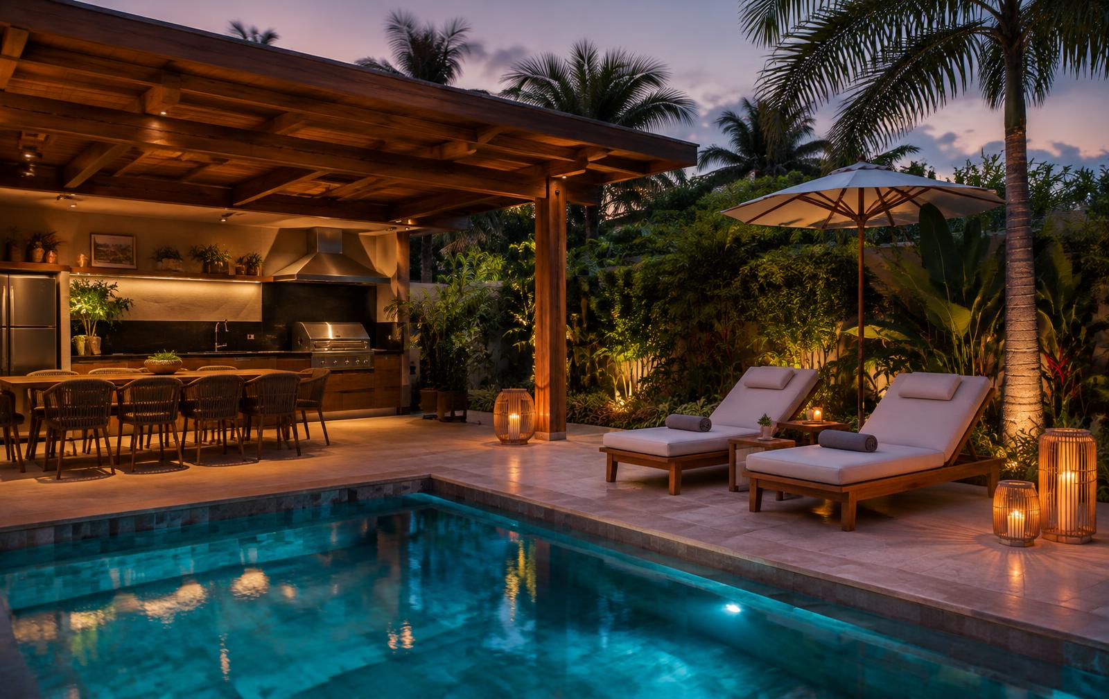 Piscina iluminada ao entardecer em área de lazer