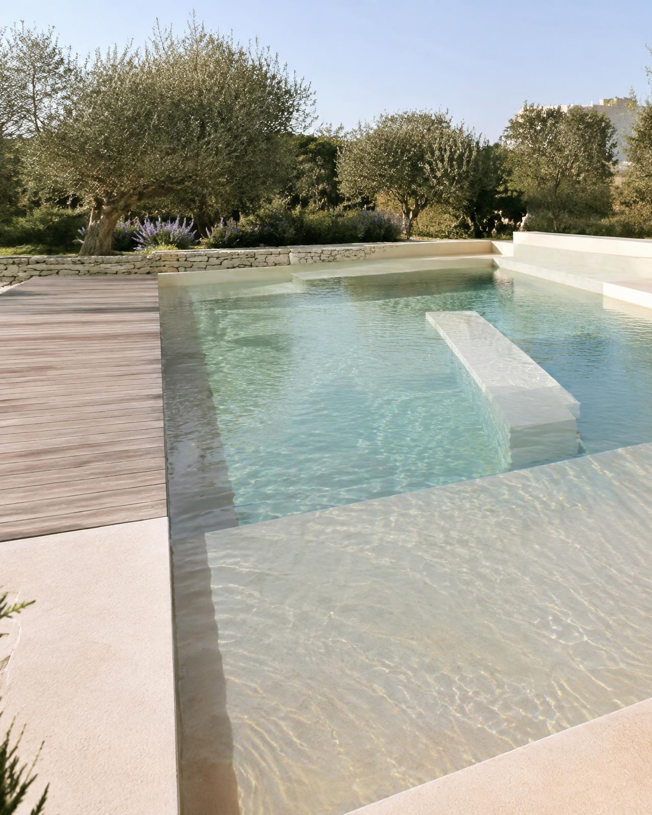 Villa Provence — Prainha ampla e banco submerso em um jardim de oliveiras e lavandas.